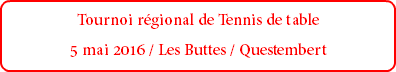 Tournoi régional de Tennis de table 5 mai 2016 / Les Buttes / Questembert